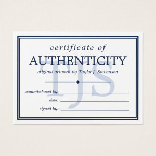 Navy White Monogram Certificate of Authenticity Visitekaartje