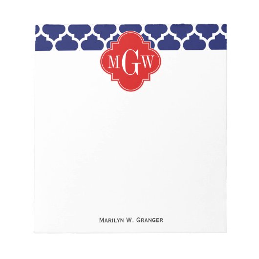 Navy White Moroccan #5 Red 3 Initiaal monogram Notitieblok (Voorkant)