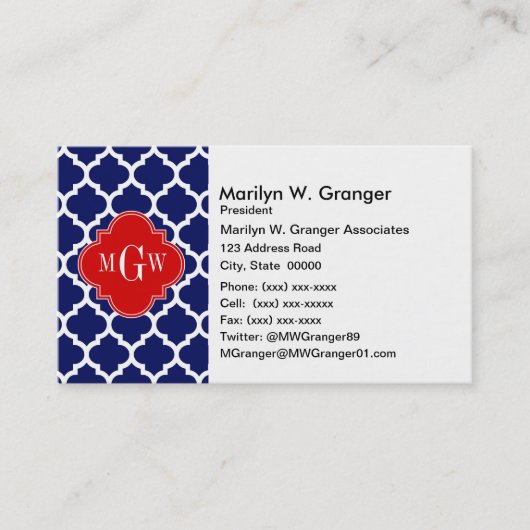 Navy White Moroccan #5 Red 3 Initiaal monogram Visitekaartje (Voorkant)