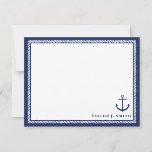 Navy & White Nautical Anchor Rope, gepersonaliseer Notitiekaartje