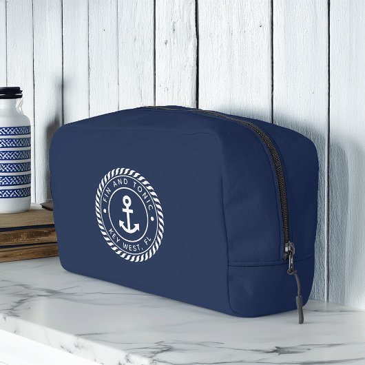 Navy & White Nautical Anchor Stripe Boat Name Toilettasje