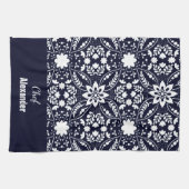 Navy White Nordic Folk Floral Pattern Theedoek (Horizontaal)