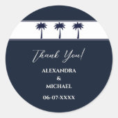 Navy White Palm Tree Coastal Wedding Dank u Ronde Sticker (Voorkant)