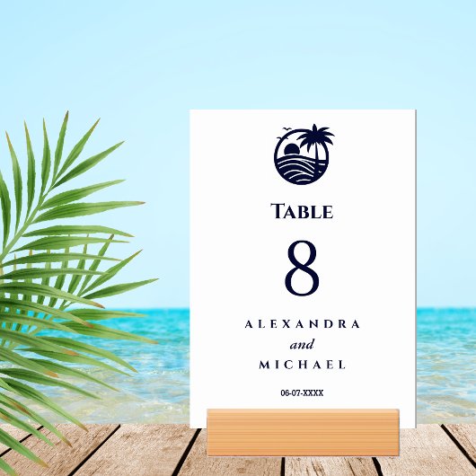 Navy White Palm Tree Coastal Wedding Kaart