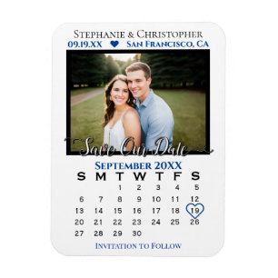 Navy & White Photo Calendar Save Our Date Wedding Magneet