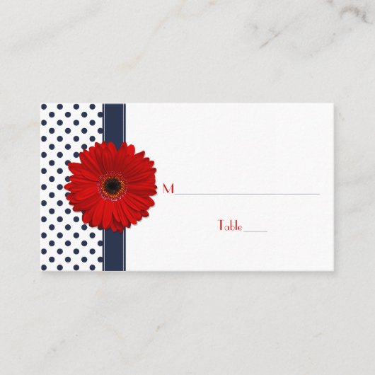 Navy White Polka Dot Red Gerber Daisy Place Card Plaatskaartje (Voorkant)