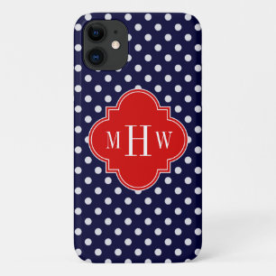Navy White Polka Dot Red Quatrefoil 3 Monogram iPhone 11 Hoesje