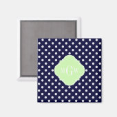 Navy White Polka Dots Celery Quatrefoil 3 Monogram Magneet (Voorkant / Achterkant)