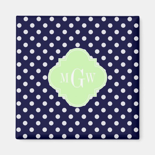 Navy White Polka Dots Celery Quatrefoil 3 Monogram Magneet (Voorkant)