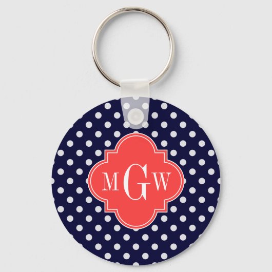Navy White Polka Dots Coral Quatrefoil 3 Monogram Sleutelhanger (Voorkant)