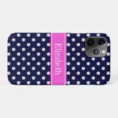 Navy White Polka Dots Hot Pink Ribbon Monogram Case-Mate iPhone Case (Achterkant (horizontaal))