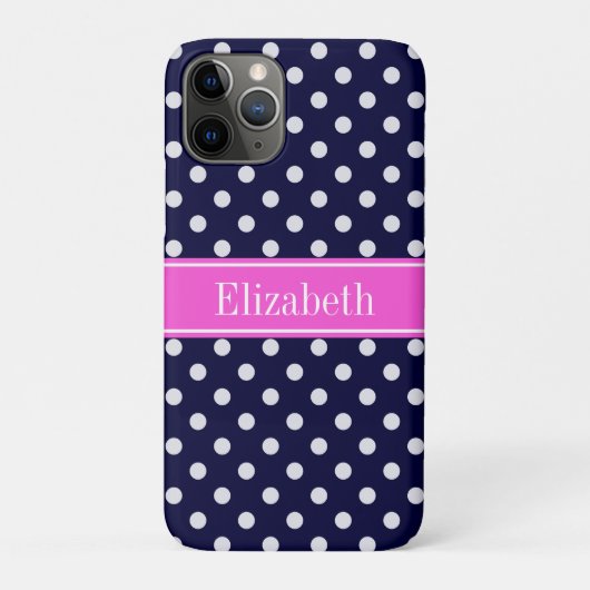 Navy White Polka Dots Hot Pink Ribbon Monogram Case-Mate iPhone Case (Achterkant)
