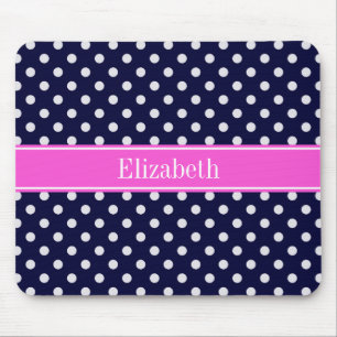 Navy White Polka Dots Hot Pink Ribbon Monogram Muismat