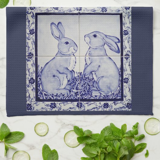Navy White Rabbit Tile Kitchen Towel Dedham Blue Theedoek (Gevouwen)