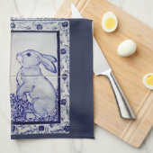Navy White Rabbit Tile Kitchen Towel Dedham Blue Theedoek (Quarter Fold)