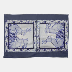 Navy White Rabbit Tile Kitchen Towel Dedham Blue Theedoek