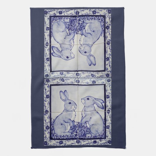 Navy White Rabbit Tile Kitchen Towel Dedham Blue Theedoek (Verticaal)
