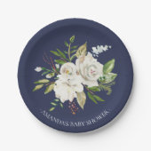 Navy & White Rose Flowers Shower 7-inch Bord (Voorkant)