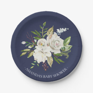 Navy & White Rose Flowers Shower 7-inch Bord