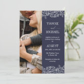 Navy White Rose schetst 2 op 1 foto-bruiloft Kaart (Staand voorkant)