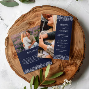 Navy White Rose schetst 2 op 1 foto-bruiloft Kaart