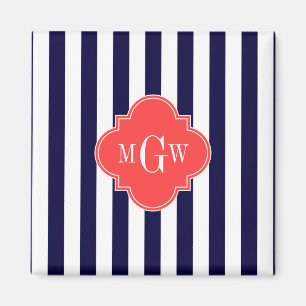 Navy White Stripe Coral Red Quatrefoil 3 Monogram Magneet