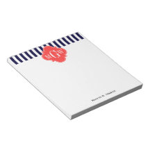 Navy White Stripe Coral Red Quatrefoil 3 Monogram