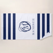 Navy White Stripe Elegant Monogram Naam Strandlaken (Voorkant)