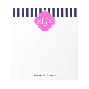 Navy White Stripe Hot Pink Quatrefoil 3 Monogram Notitieblok