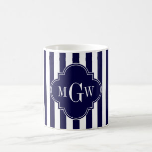 Navy White Stripe Navy Blue Quatrefoil 3 Monogram Koffiemok