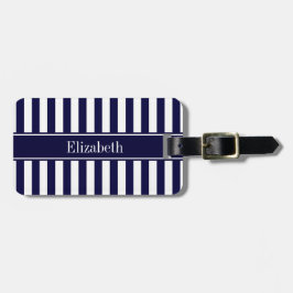 Navy White Stripe Navy Blue Ribbon Name Monogram Bagagelabel