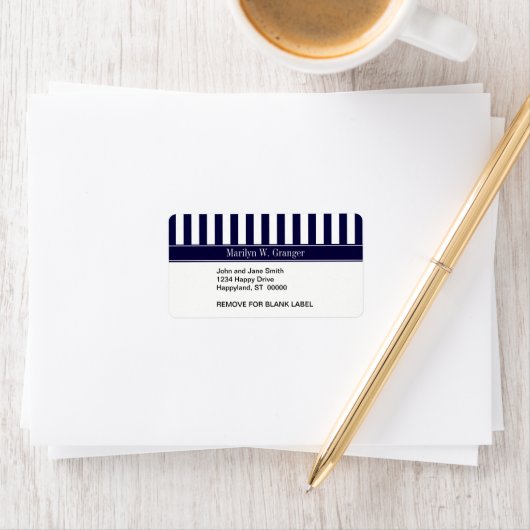 Navy White Stripe Navy Blue Ribbon Name Monogram Etiket (Insitu)