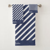 NAVY WHITE STRIPE PERSONALIZED BATHROOM TOWEL SET BAD HANDDOEK (Insitu)
