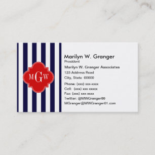 Navy White Stripe Red Quatrefoil 3 Monogram Visitekaartje