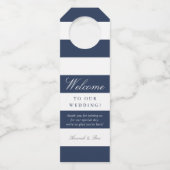 Navy & White Stripe Wedding Welkom Flessenhanger (Voorkant)
