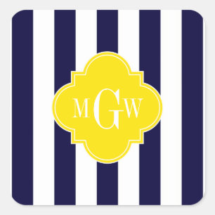 Navy White Stripe Yellow Quatrefoil 3 Monogram Vierkante Sticker