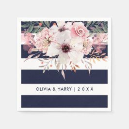 Navy White Stripes Bloemen Trouwpapier Servet