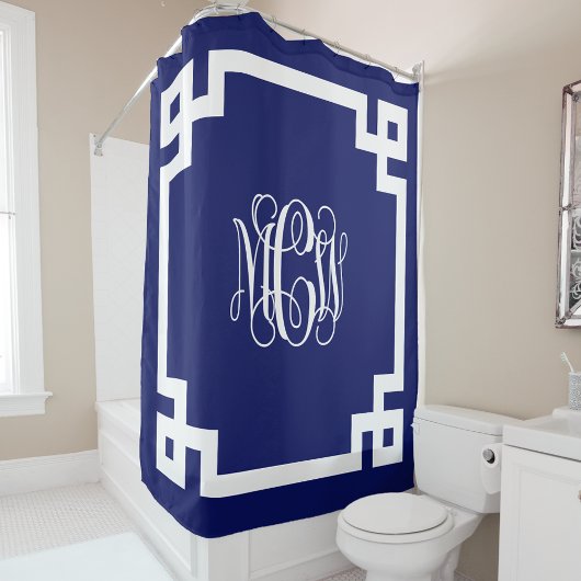 Navy White Vine Monogram DIY BG & Grieks Key Lijst Douchegordijn