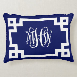 Navy White Vine Script Monogram Griekse sleutel DI Accent Kussen
