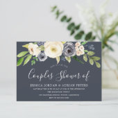 Navy & White Watercolor Bloemen Koppels Bruisfeest Kaart (Staand voorkant)
