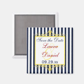 Navy, White, Yellow Stripes, Scrolt Save the Date Magneet (Voorkant / Achterkant)