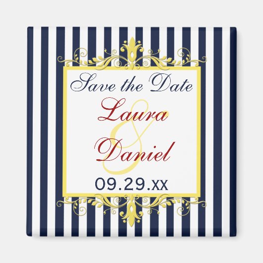 Navy, White, Yellow Stripes, Scrolt Save the Date Magneet (Voorkant)
