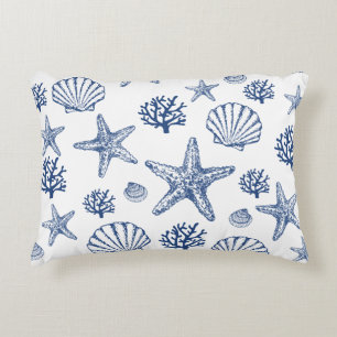 Navy White Zee Shell Patroon Kustontwerp Accent Kussen