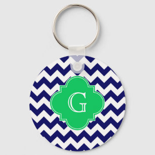 Navy Wht Chevron Emerald Green Quatrefoil Monogram Sleutelhanger
