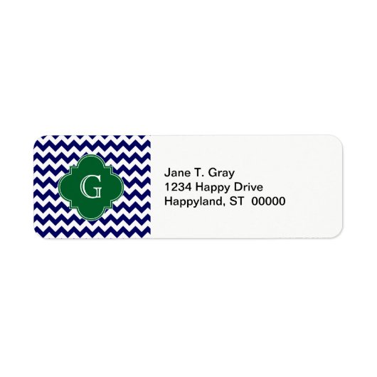 Navy Wht Chevron Forest Green Quatrefoil Monogram Etiket (Voorkant)