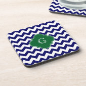 Navy Wht Chevron Forest Green Quatrefoil Monogram Onderzetter (Linkerzijde)