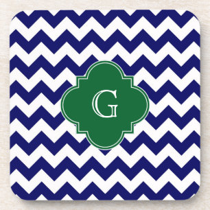 Navy Wht Chevron Forest Green Quatrefoil Monogram Onderzetter
