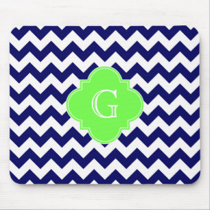 Navy Wht Chevron Lime Green Quatrefoil Monogram Muismat