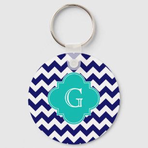 Navy Wht Chevron ZigZag Blauwgroen Quatrefoil Mono Sleutelhanger