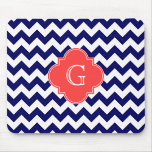 Navy Wht Chevron Zigzag Coral Quatrefoil Monogram Muismat